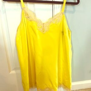 Canary yellow silk cami with dark ivory lace
